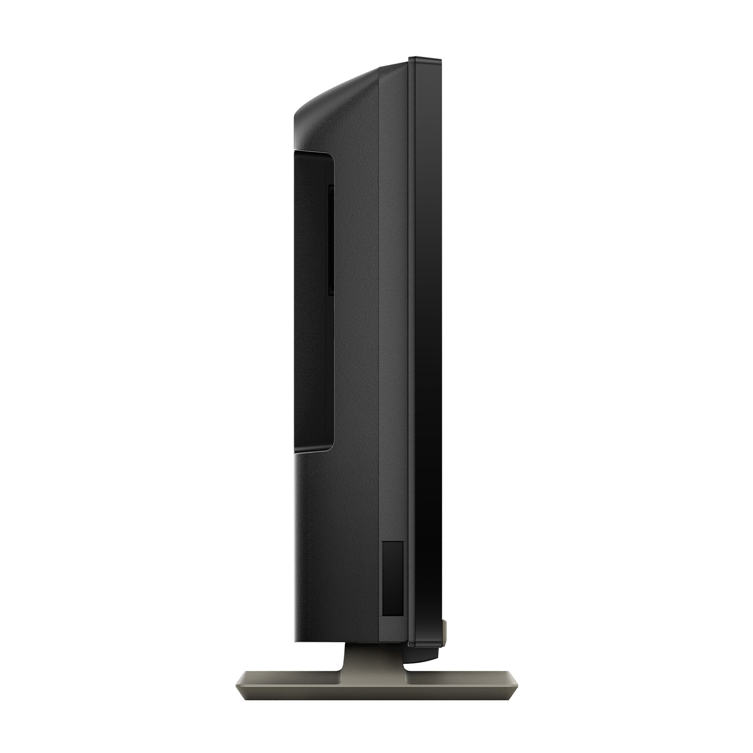 TV nero con supporto. Vista laterale, cornice nera. Il retro ha le porte.