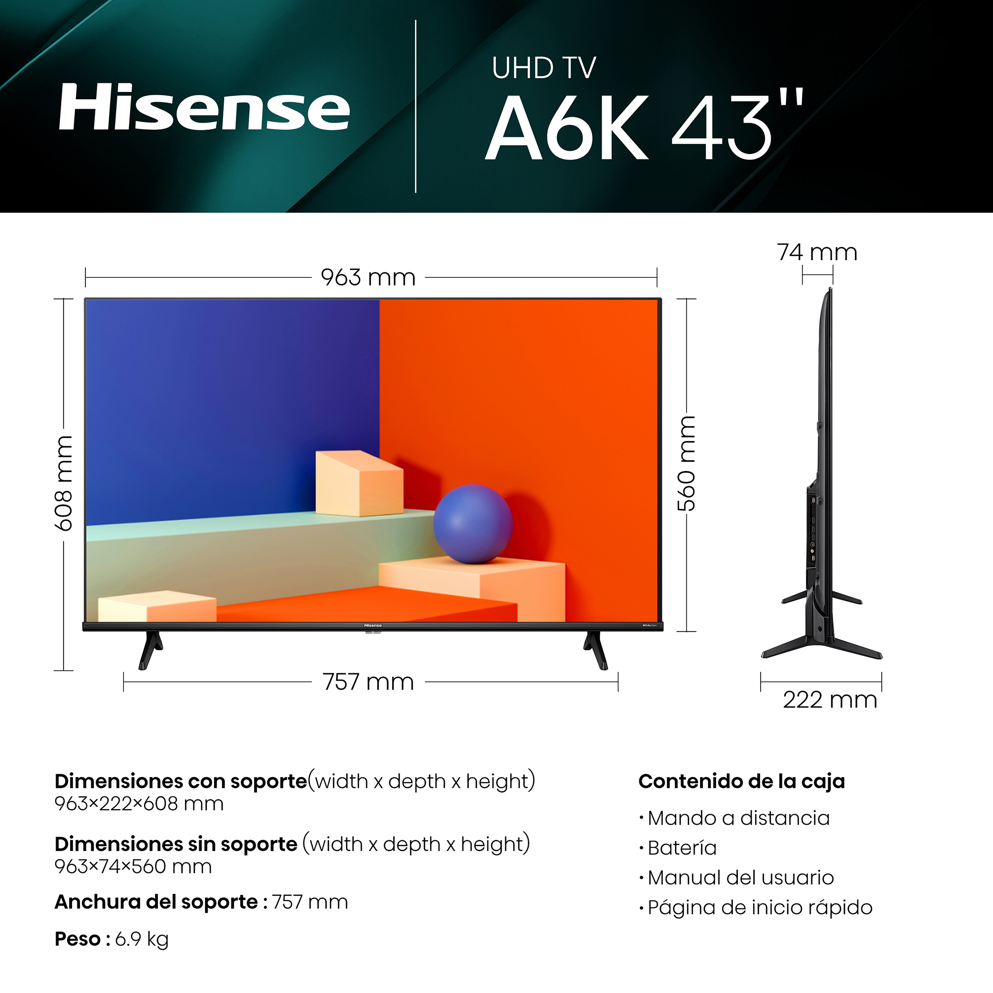 Hisense UHD TV. La imagen muestra las dimensiones y especificaciones del televisor.