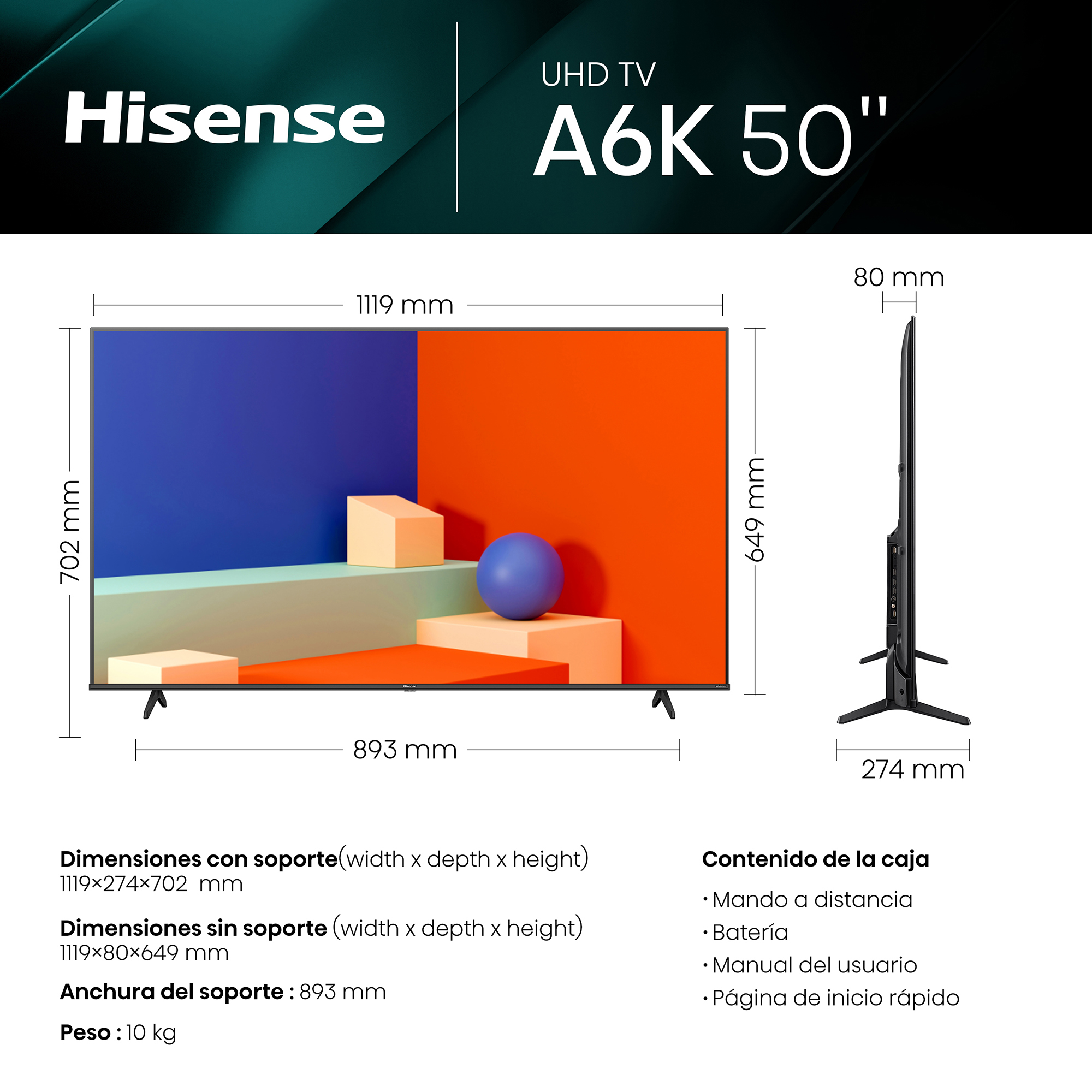 TV Hisense UHD de 50" con dimensiones y especificaciones mostradas sobre fondo blanco.