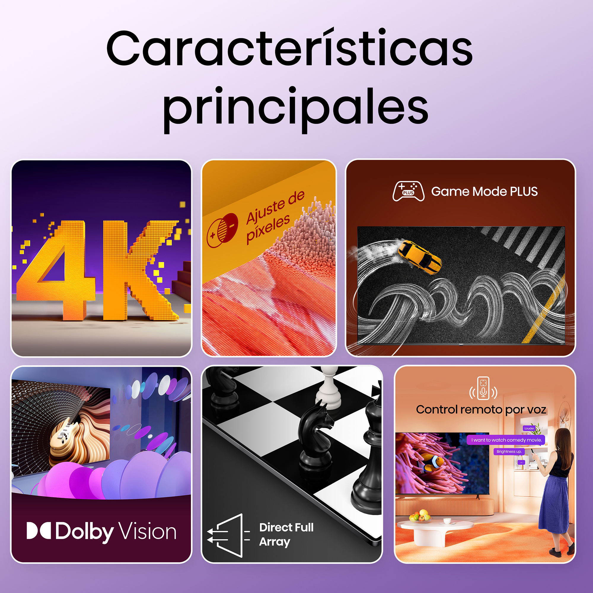 Imagen con características de texto de un televisor, mostrando un logo 4K, modo juego y un tablero de ajedrez.