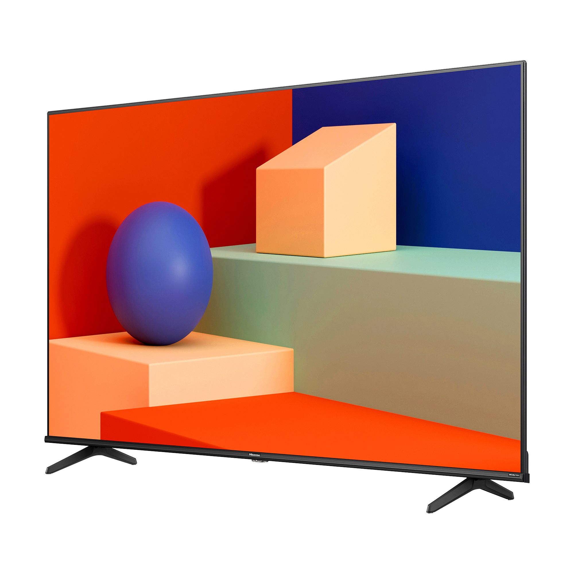 Una pantalla de TV muestra formas abstractas: naranja, azul y verde claro. Marco y soporte negro.