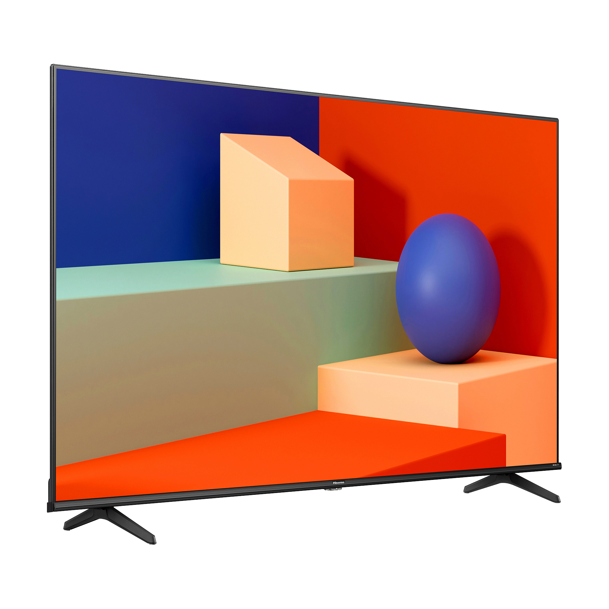 TV con formas geométricas coloridas. Huevo azul, bloque naranja y cubo beige.