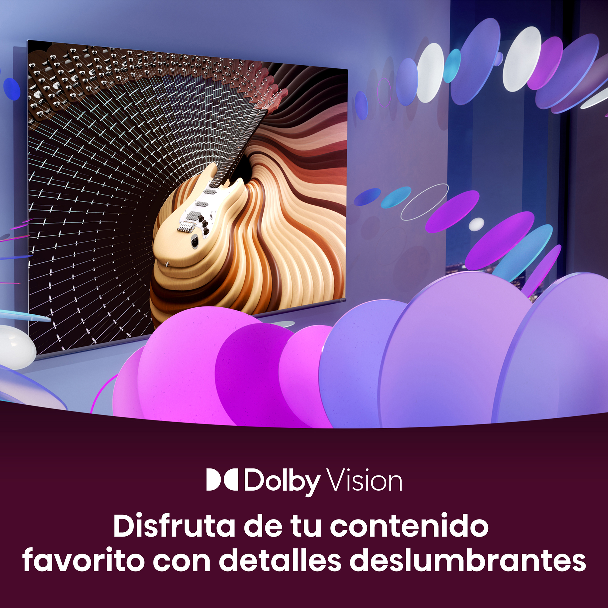 Pantalla de TV con visual de guitarra. Formas moradas y blancas rodean la pantalla.