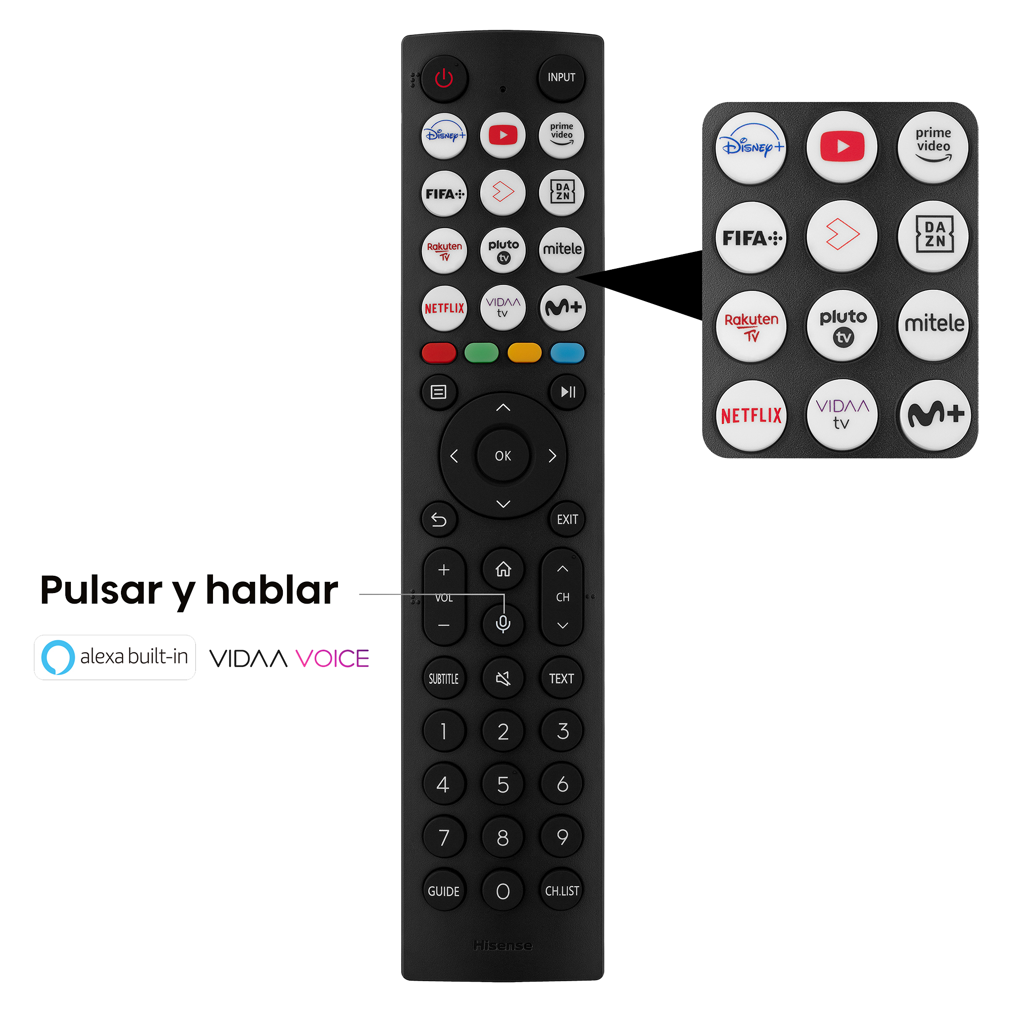 Mando a distancia Hisense con muchos botones, incluyendo uno de control de voz y accesos directos a apps.