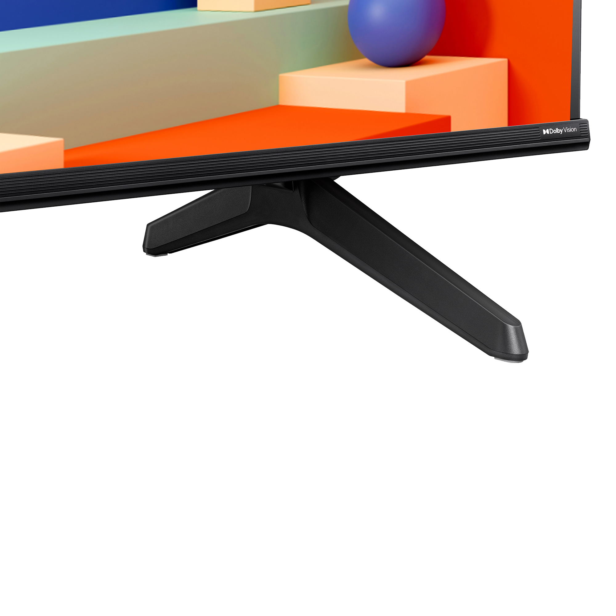 Un soporte de TV negro sostiene un televisor, con un logo Dolby Vision.