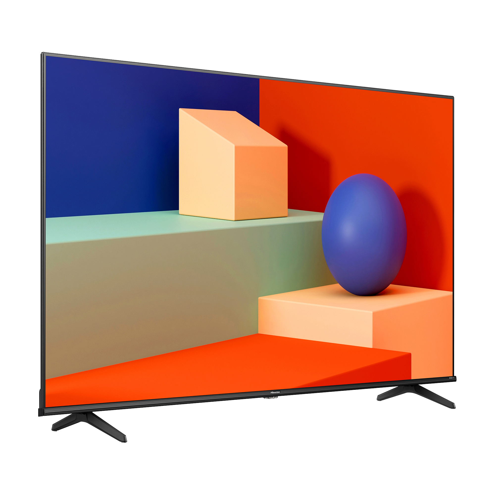 Pantalla de TV con formas abstractas en azul, naranja y rojo sobre fondo negro.