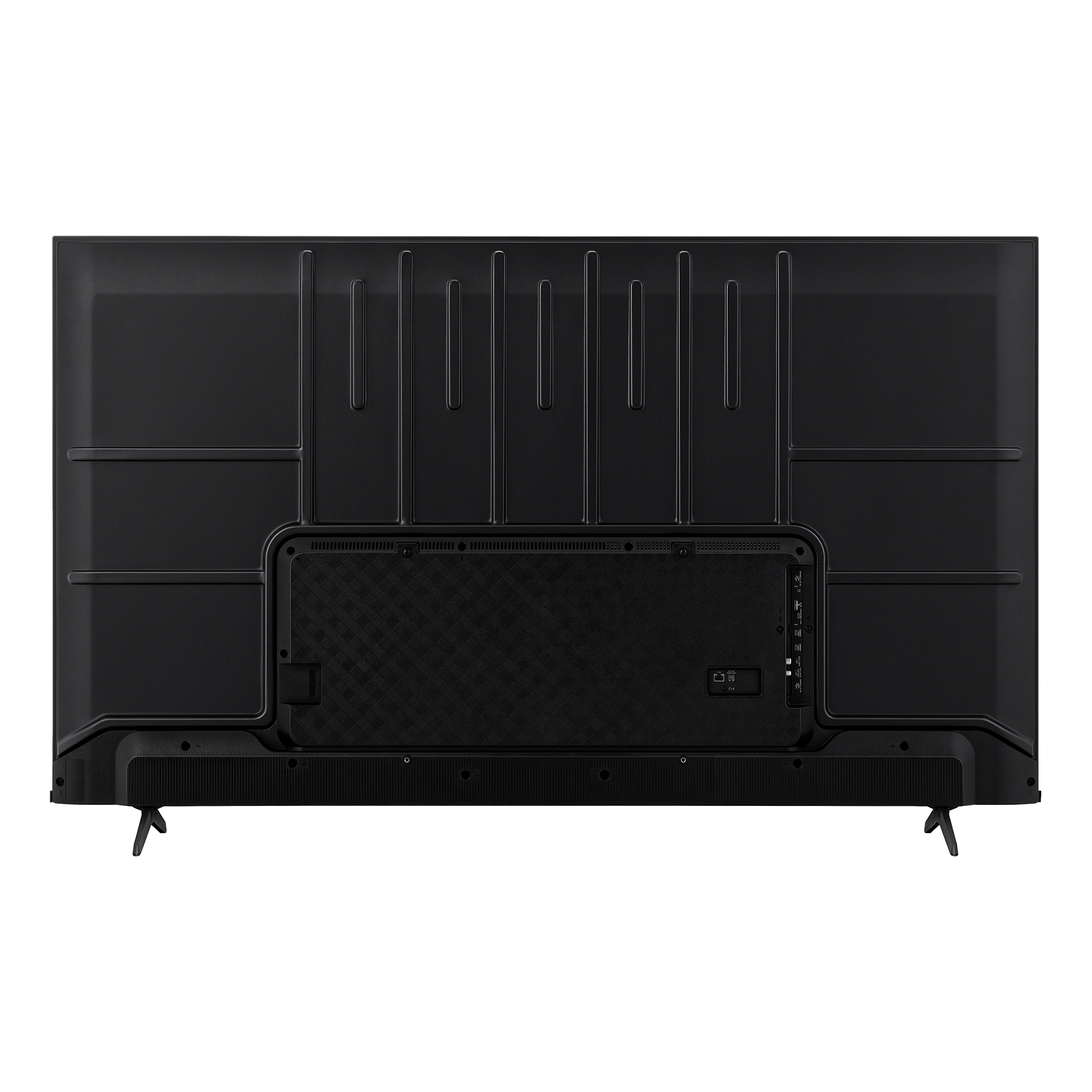 Parte trasera de un televisor negro que muestra puertos, conectores y un soporte.