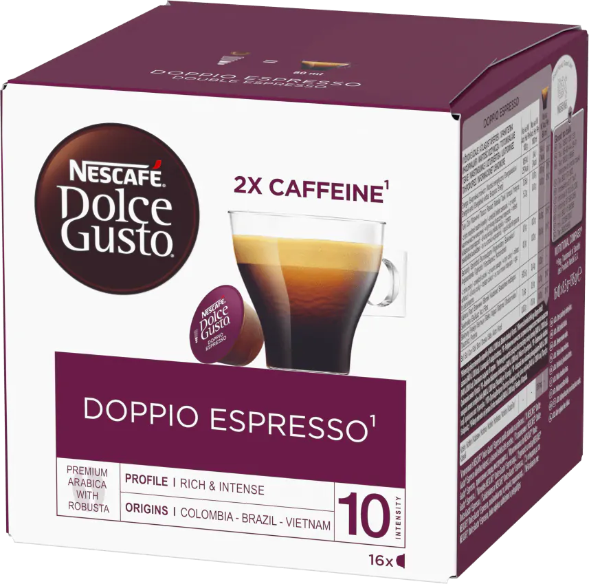 Eine Schachtel Nescafe Dolce Gusto Doppio Espresso Kaffeepads, die eine Tasse Kaffee zeigt.