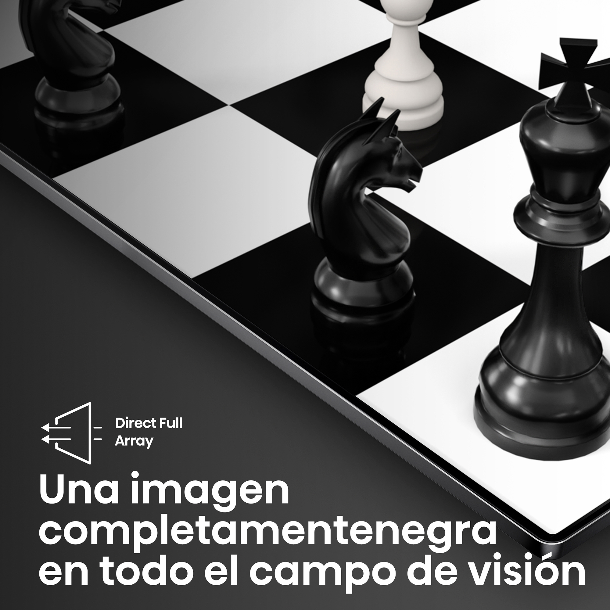 Tablero de ajedrez con piezas. Caballo negro, rey y piezas blancas visibles. Fondo oscuro.