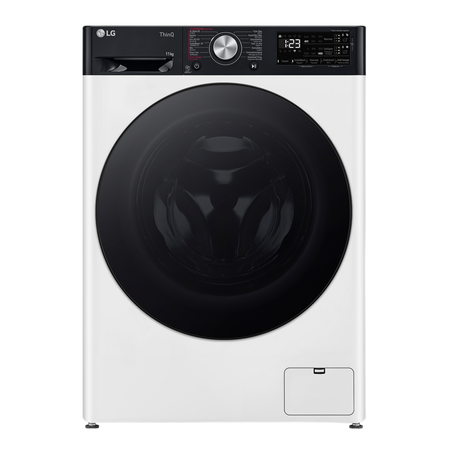Witte LG wasmachine met een zwarte deur en bedieningspaneel, toont 1:23.