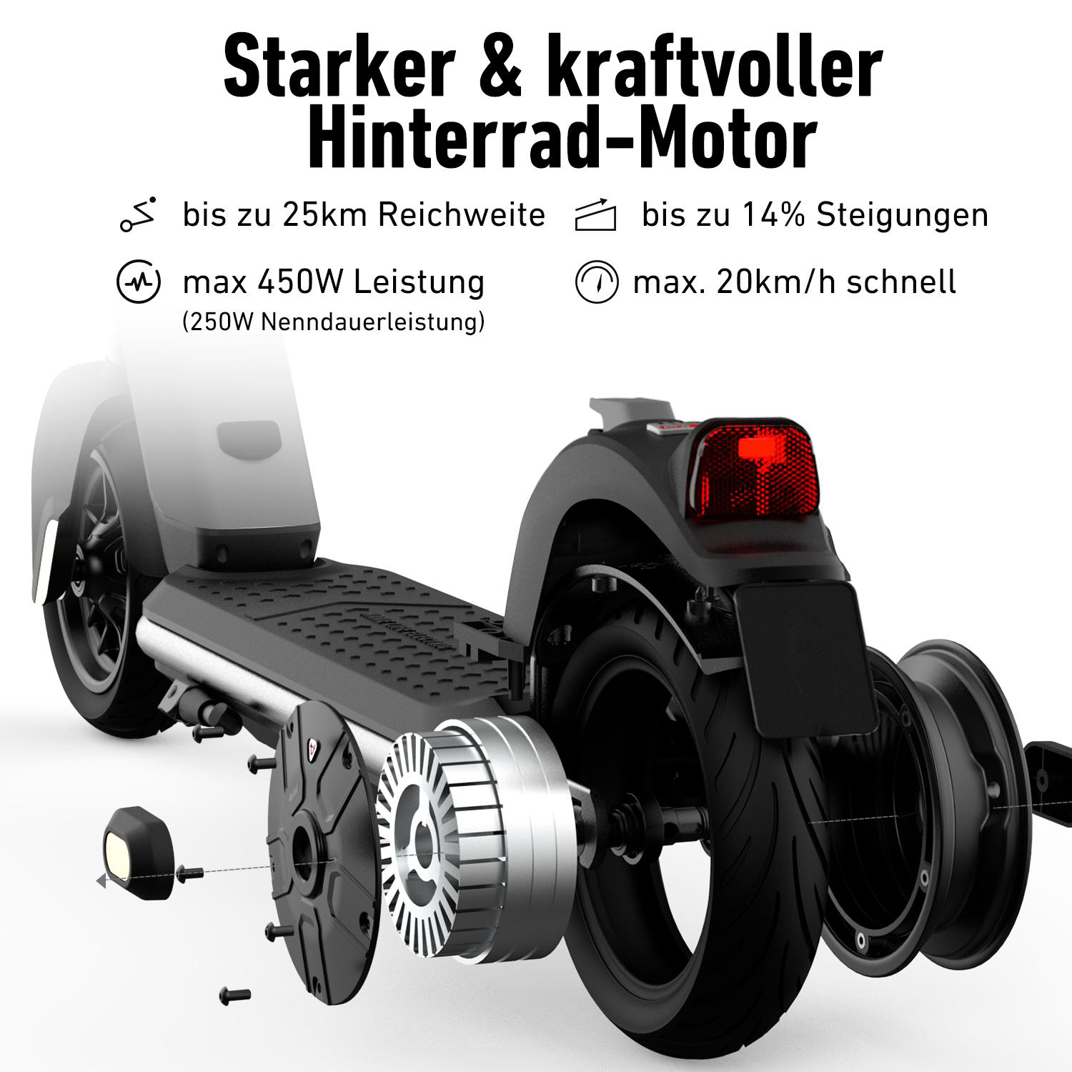 Explosionszeichnung eines Elektrorollers mit Motor, Akku und Rad.