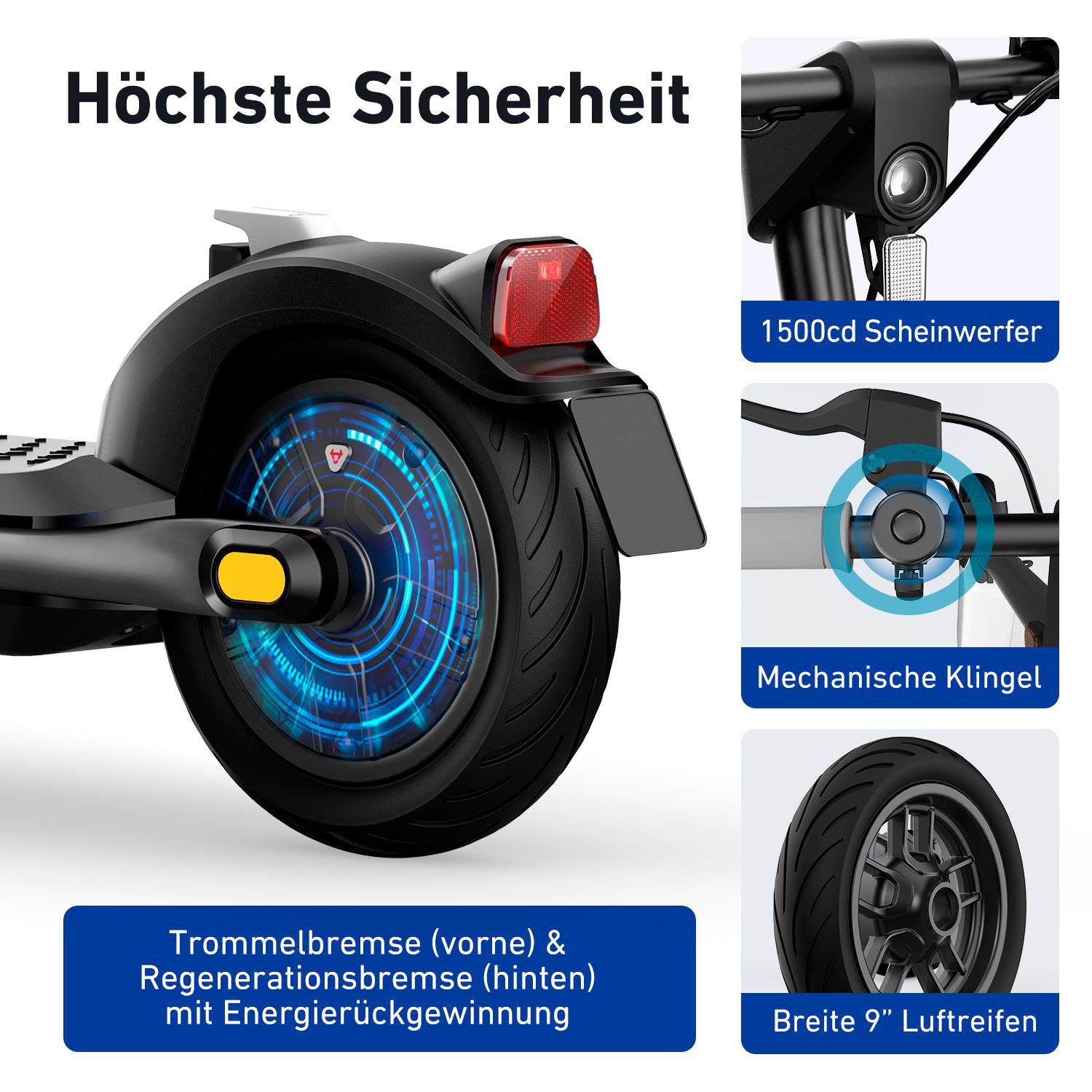 Nahaufnahme eines Elektrorollers mit hervorgehobenen Sicherheitsmerkmalen und technischen Details.