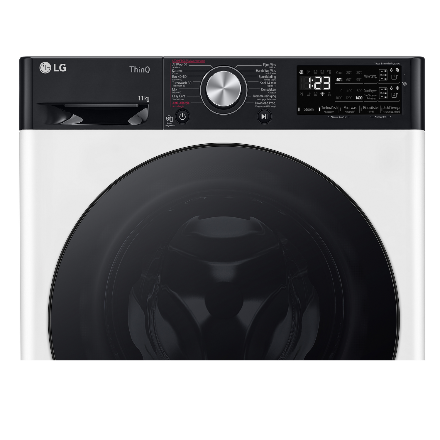 Wasmachine met een zwarte deur en een witte behuizing. Bedieningspaneel met een digitaal display.