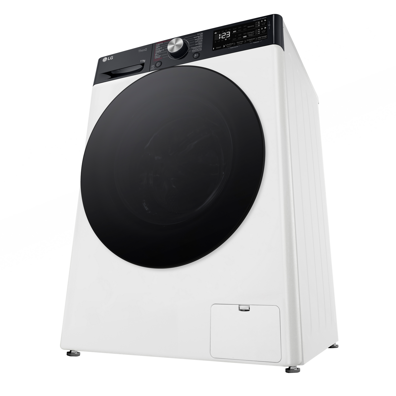 Witte LG wasmachine met een grote zwarte deur.