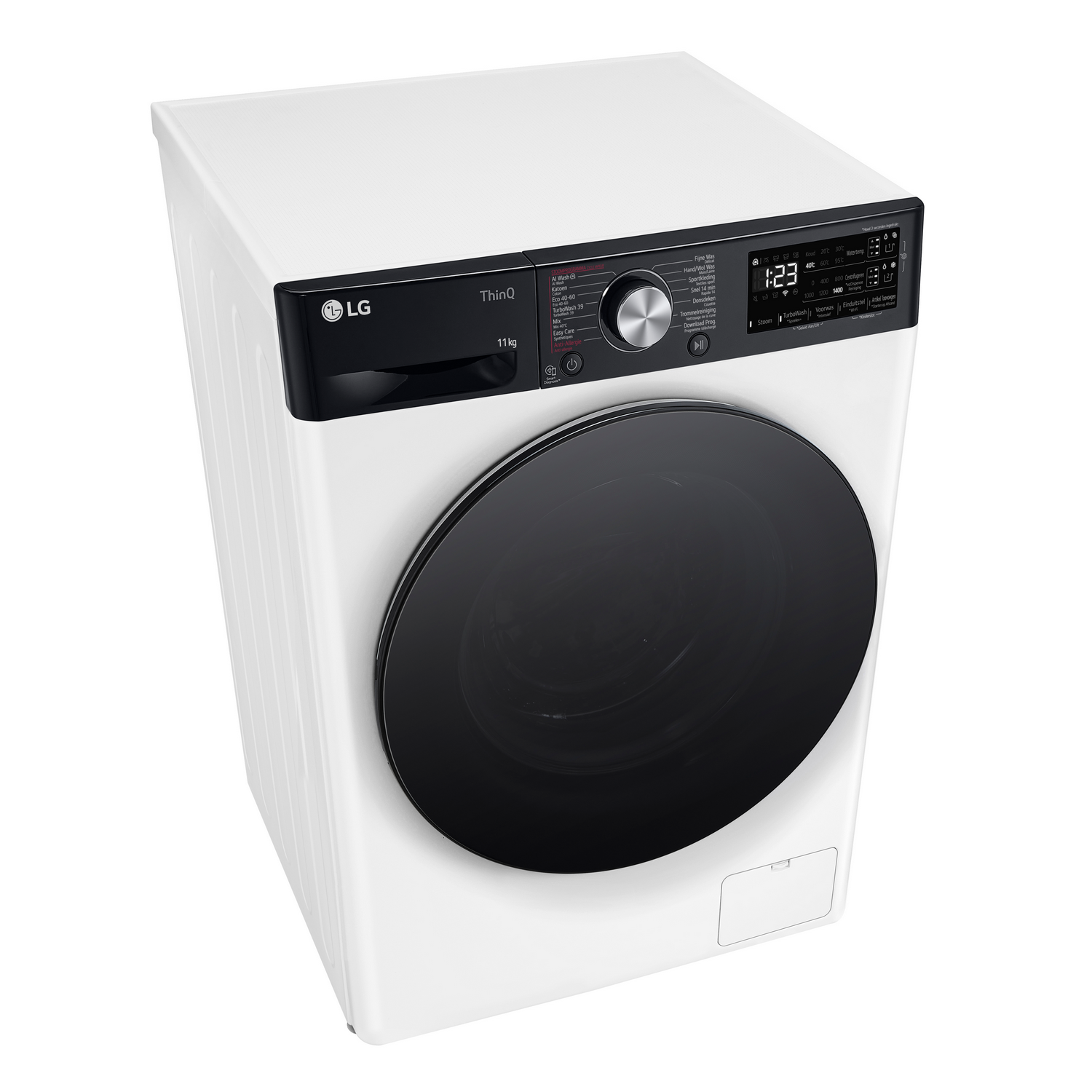 Witte LG wasmachine, bovenaanzicht, met zwarte deur.