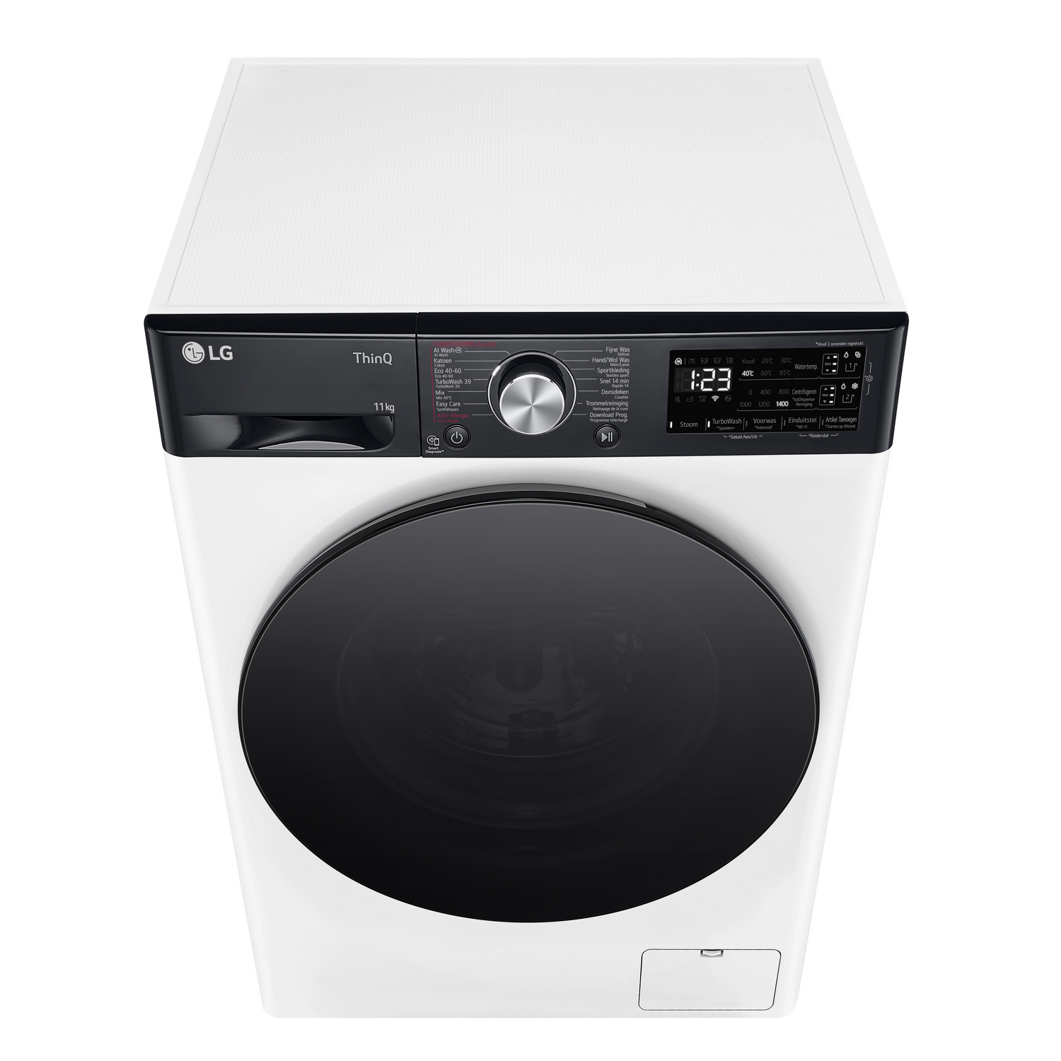 Bovenaanzicht van een witte wasmachine met een zwarte deur en bedieningspaneel.
