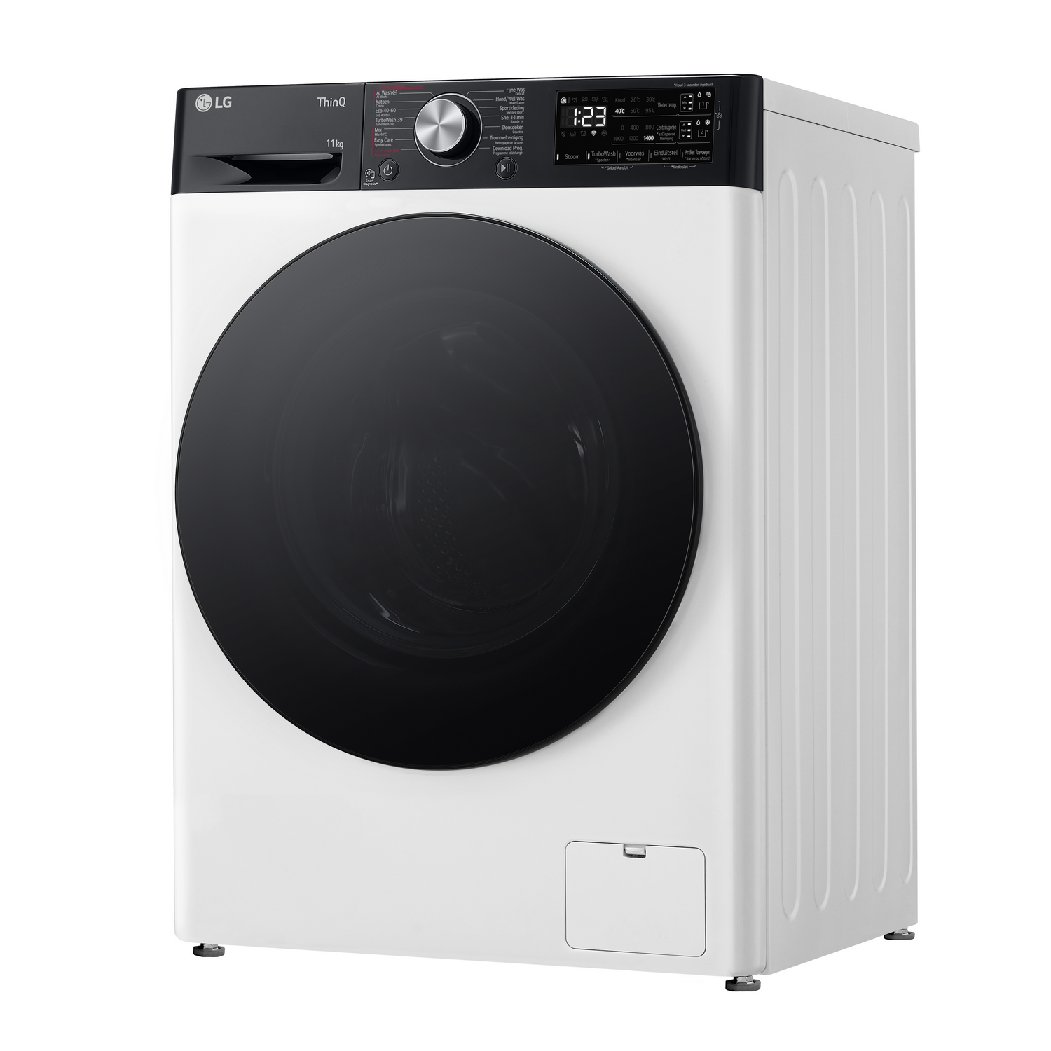 Witte LG wasmachine met een zwarte deur, schuin, geïsoleerd op een witte achtergrond.