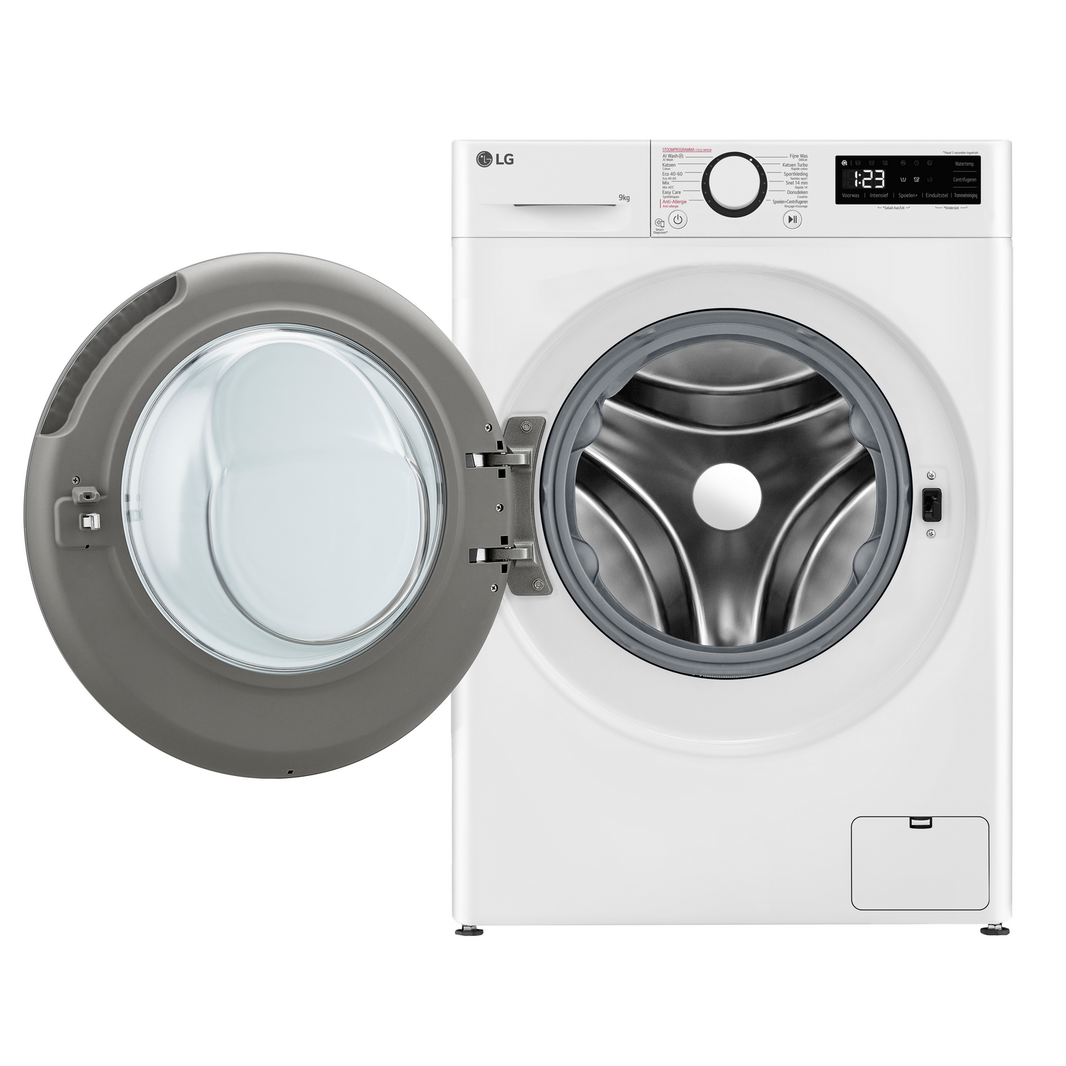 A white LG washing machine with the door open, showing the drum and control panel, front view.