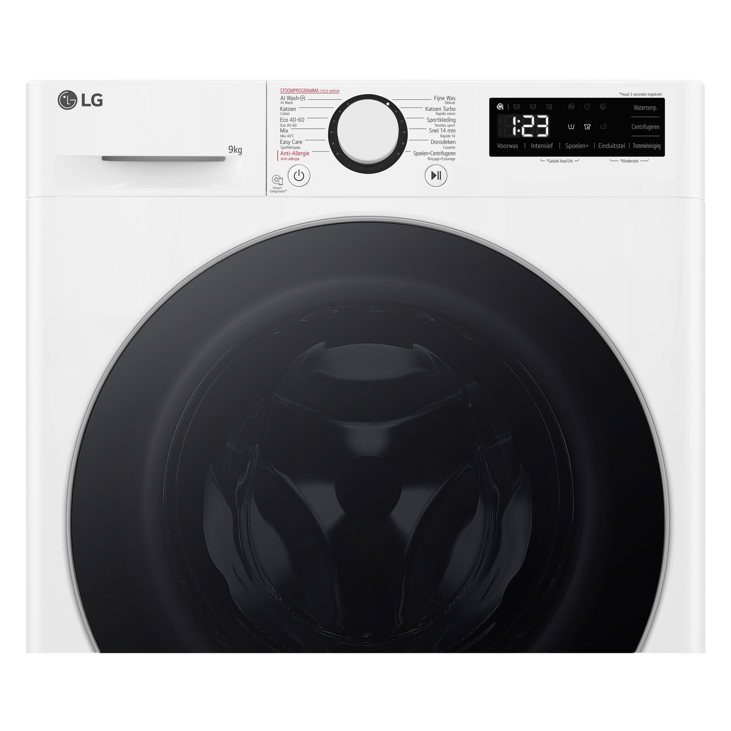 White washing machine front with black door and control panel.