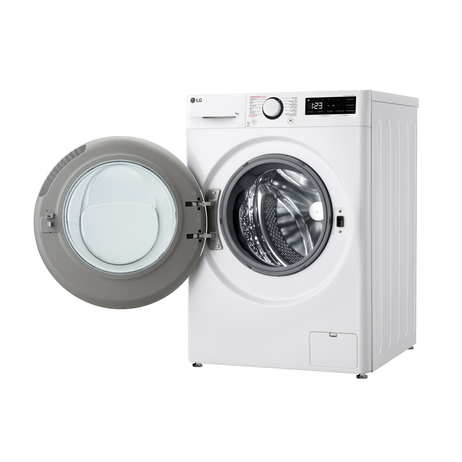 White LG washing machine with the door open, showing the inside. The washing machine is on a white background.