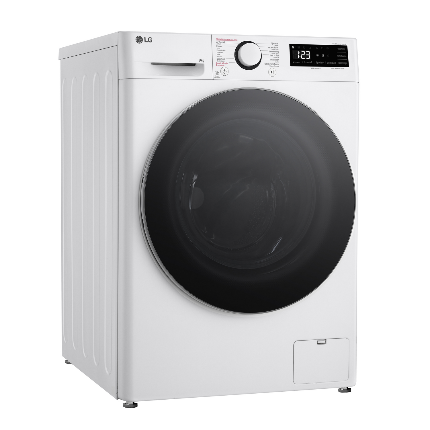White LG washing machine with a black door and digital display.