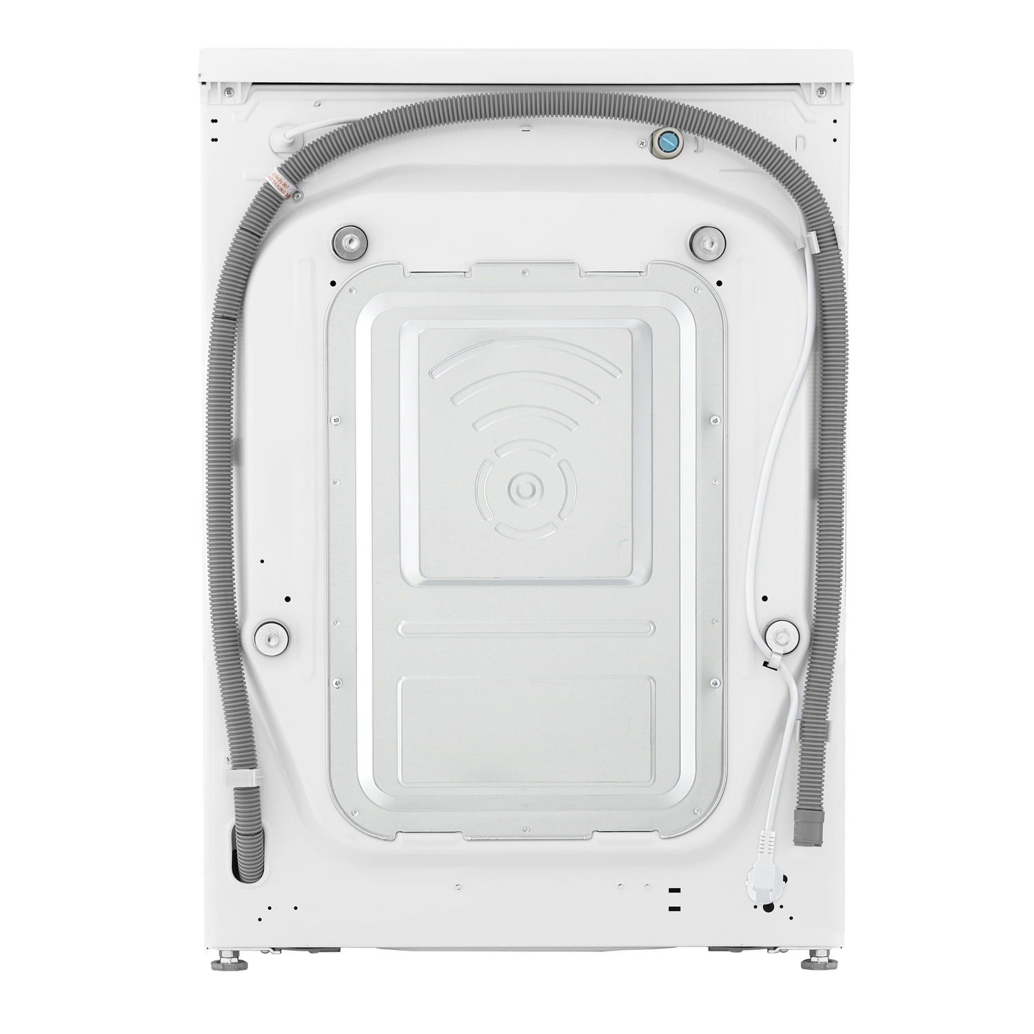Back view of a white washing machine. A gray hose curves across the back. The white power cord is visible.