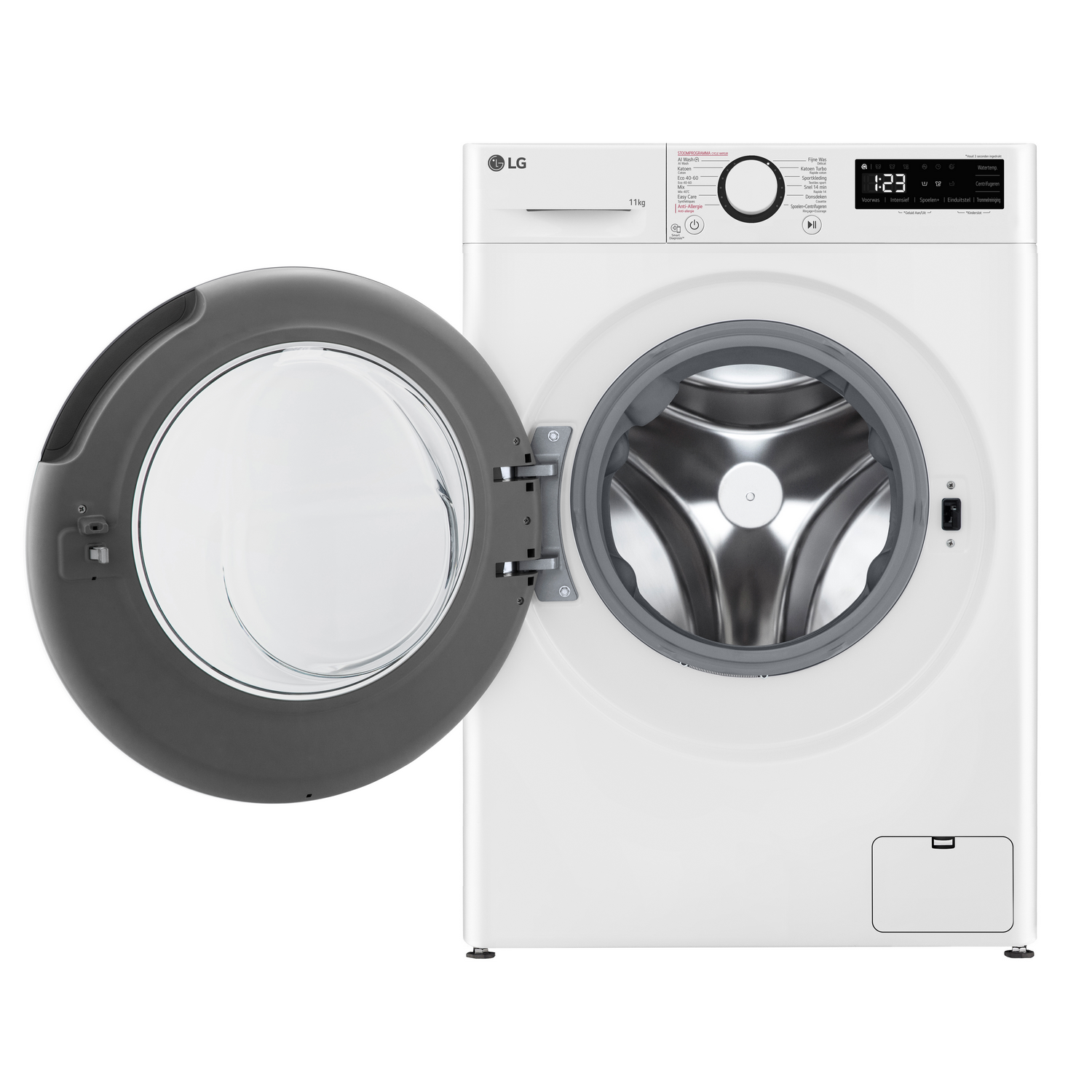 White LG washing machine, door open. White background.