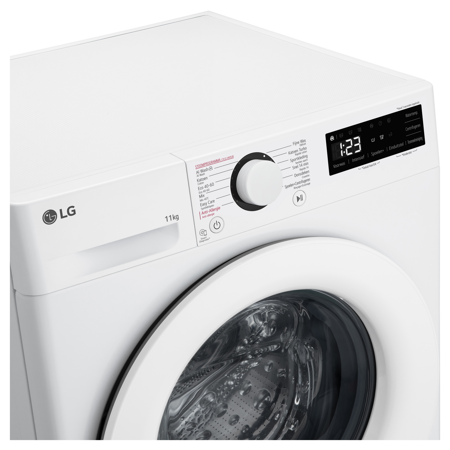 White LG washing machine with a digital display and control panel. Shows the time 1:23.