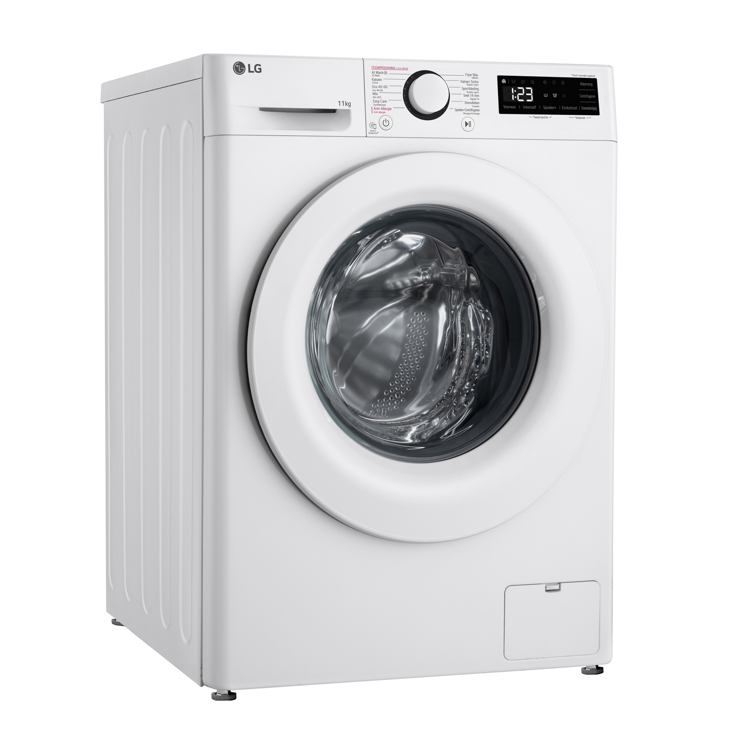 A white LG washing machine. The front has a door and control panel. It is on a white background.