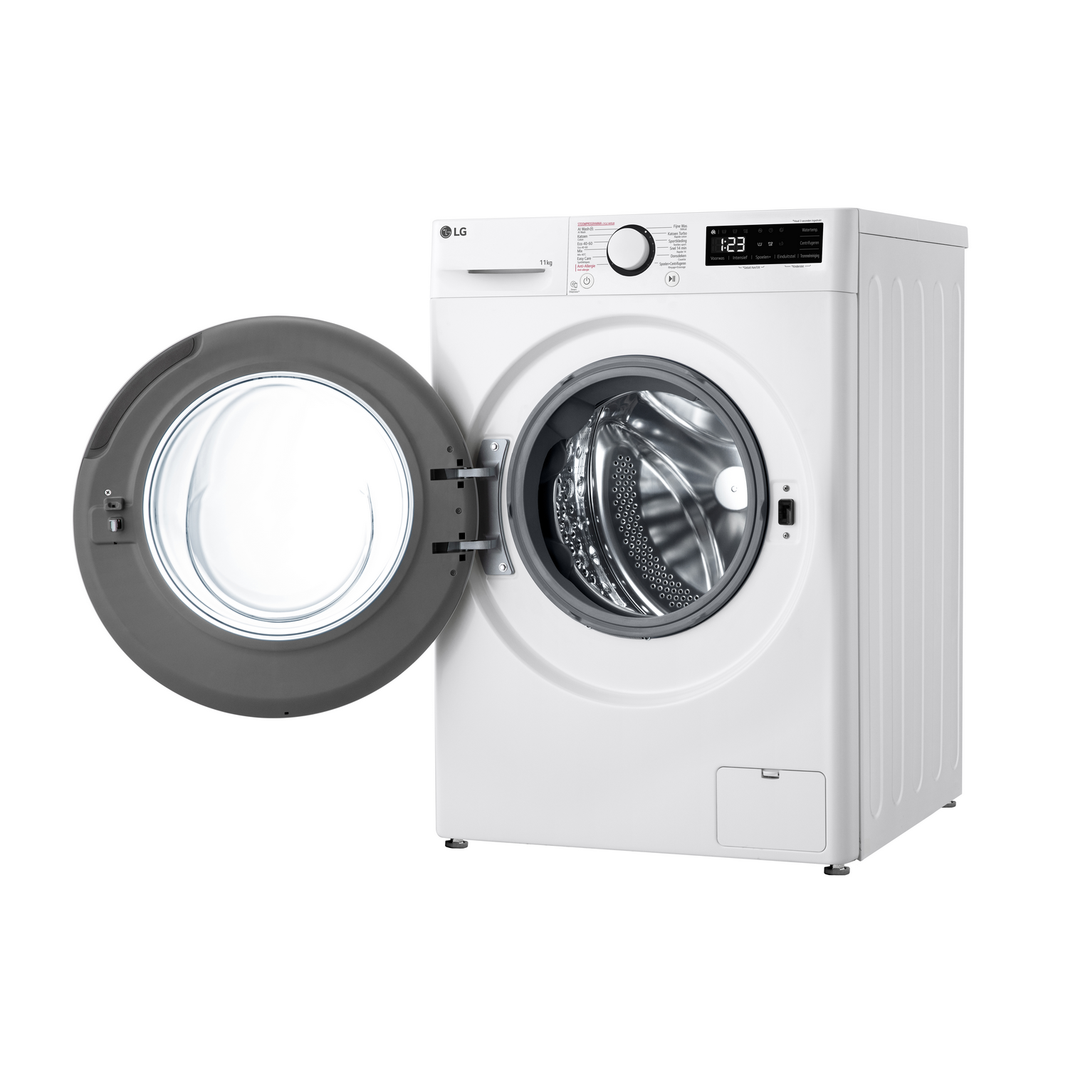 White LG washing machine with the door open, showing the interior.