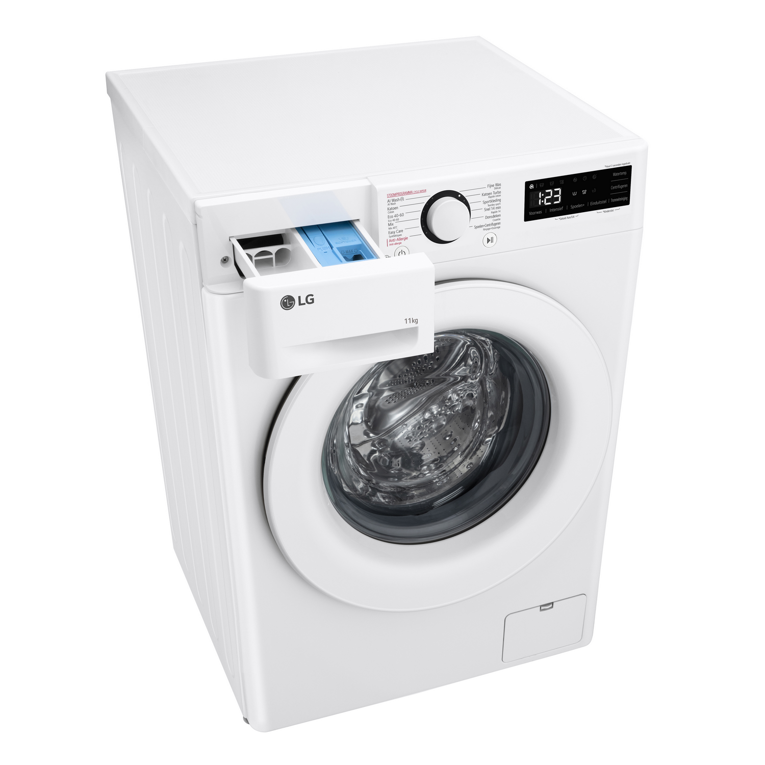 White LG washing machine. The detergent drawer is open, machine is top-down view.