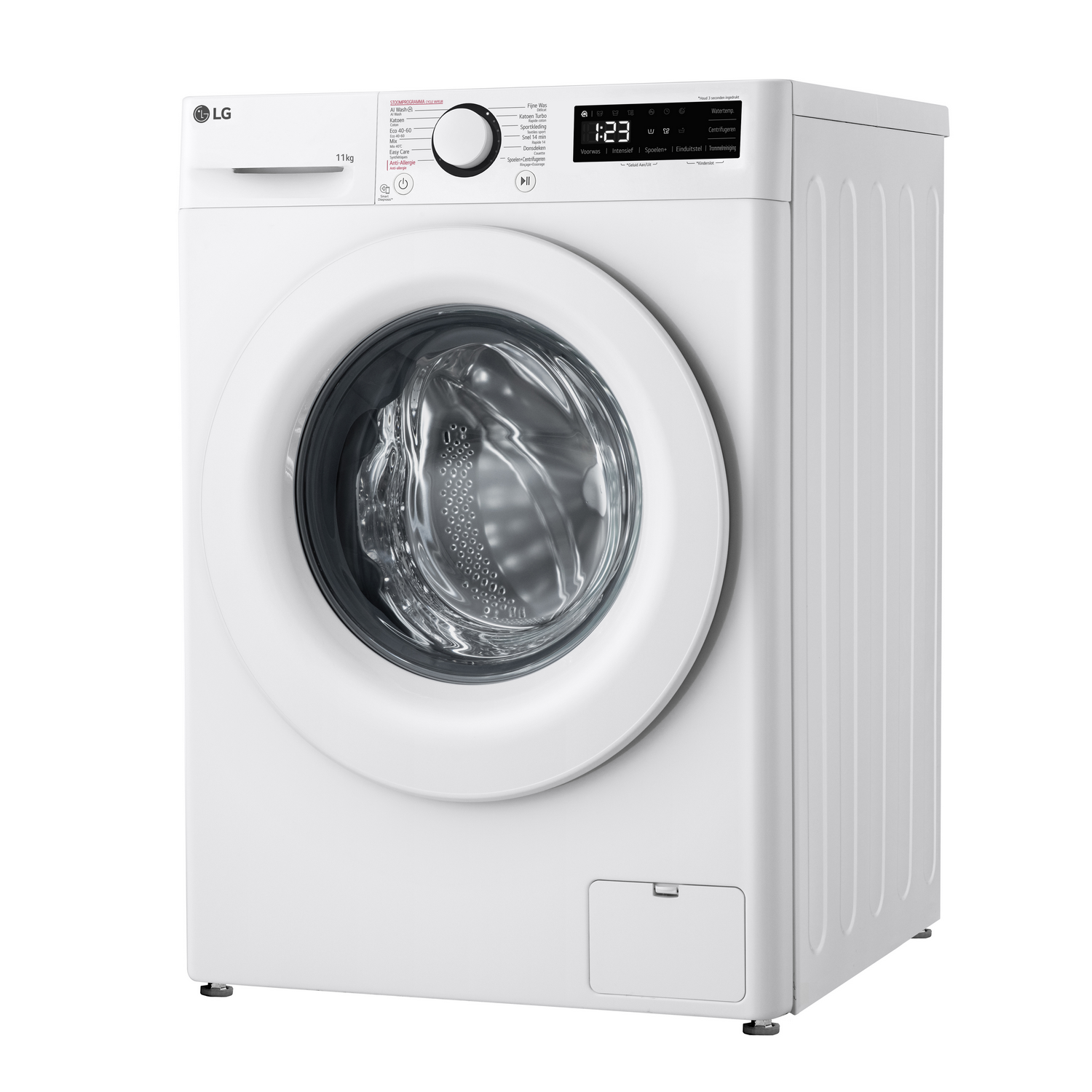 A white LG washing machine with a door and control panel.