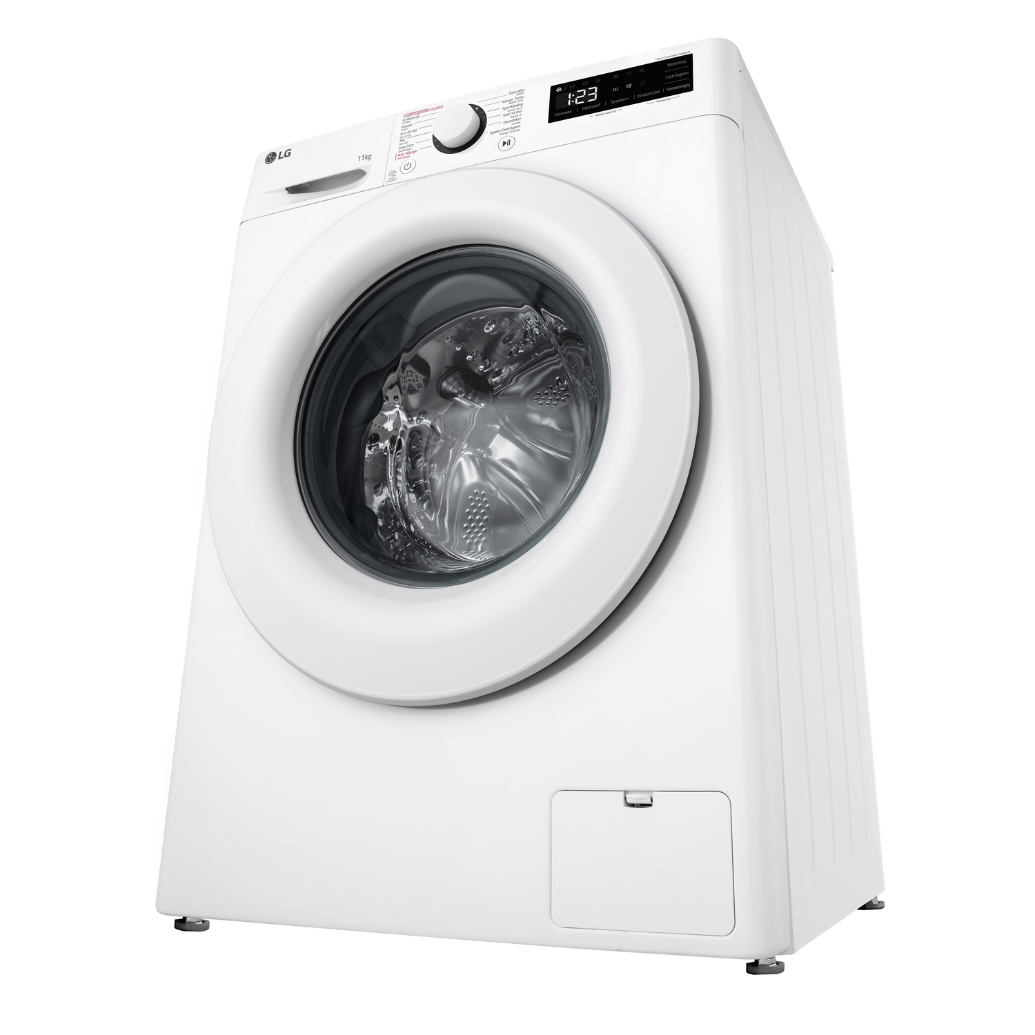 White washing machine. Front-load design with a digital display. Isolated on white.