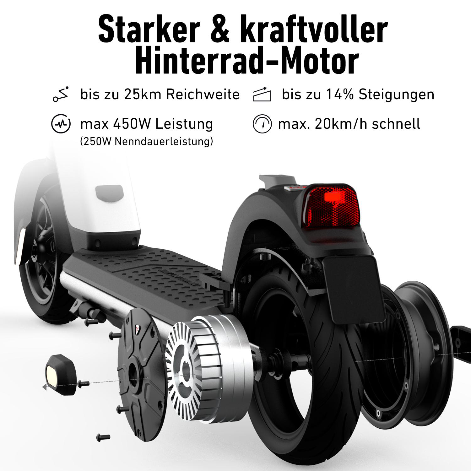 Explosionszeichnung eines Elektrorollers mit Infografiken zu seinen Funktionen.