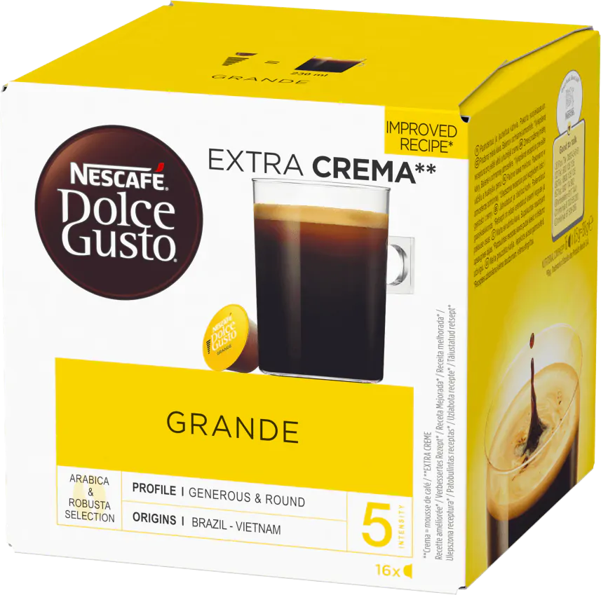 Eine Dolce Gusto Kaffeekapselbox, mit einer Tasse Kaffee und einer Kapsel. Die Box ist gelb und schwarz.