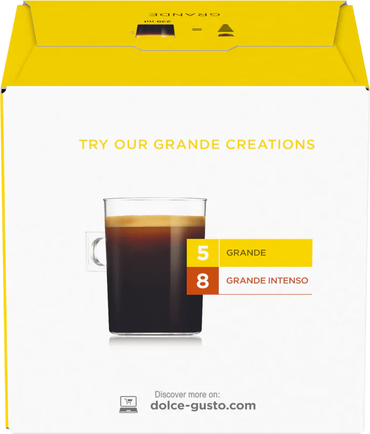 Eine Kaffeekapselbox mit einem Grande-Kaffee in einer Tasse.