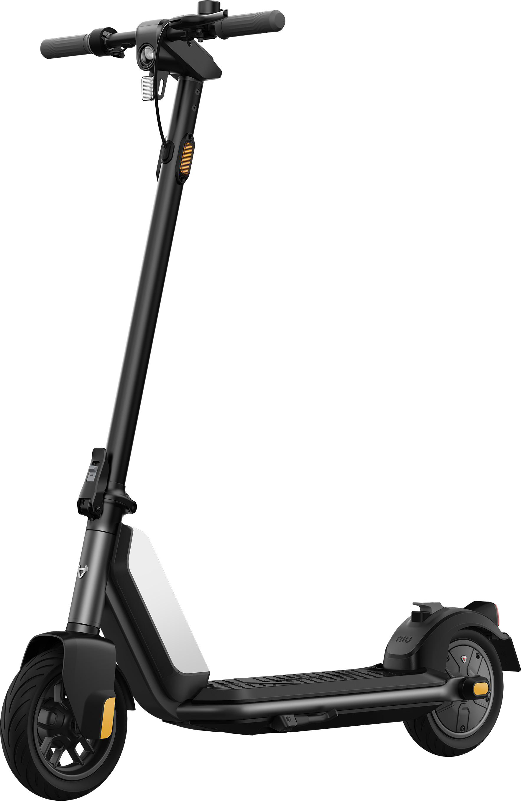 Schwarzer NIU Elektroroller. Der Roller hat einen schwarzen Rahmen, eine weiße Batterie und gelbe Akzente.