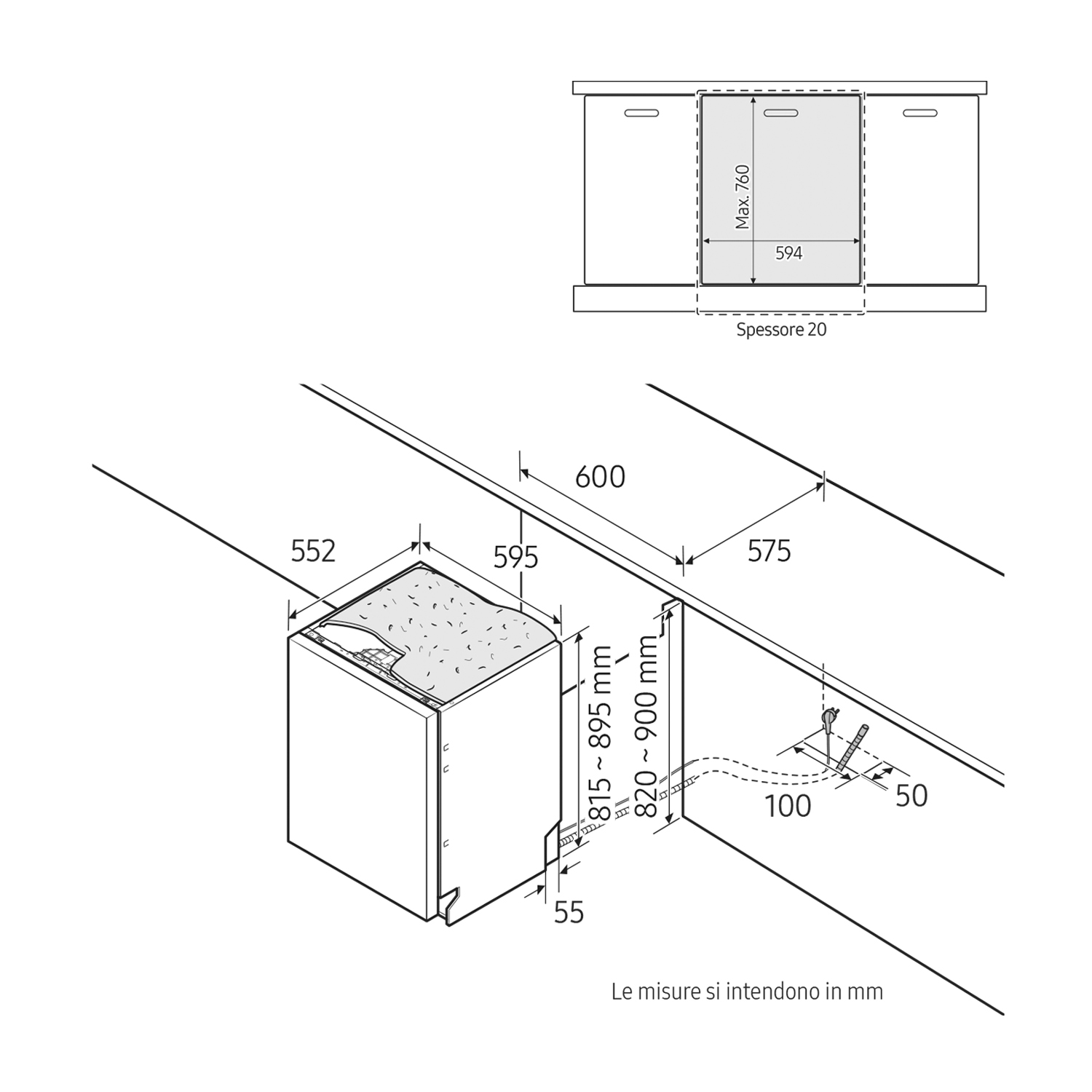 Disegno tecnico di una lavastoviglie a incasso. Mostra dimensioni, contorno e mobile.