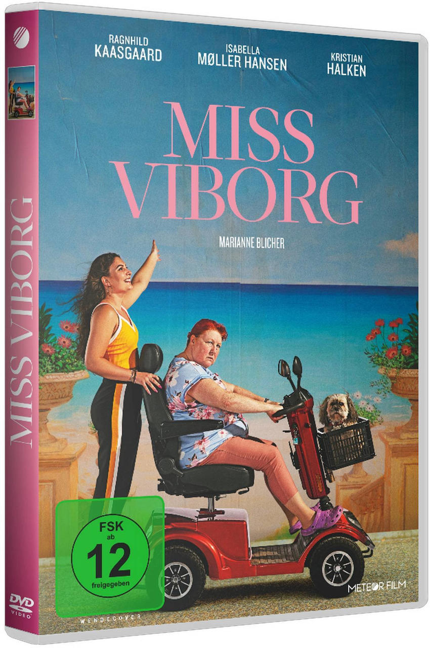 DVD-Cover von 'Miss Viborg'. Eine Frau auf einem Roller, eine winkt, und ein Hund.