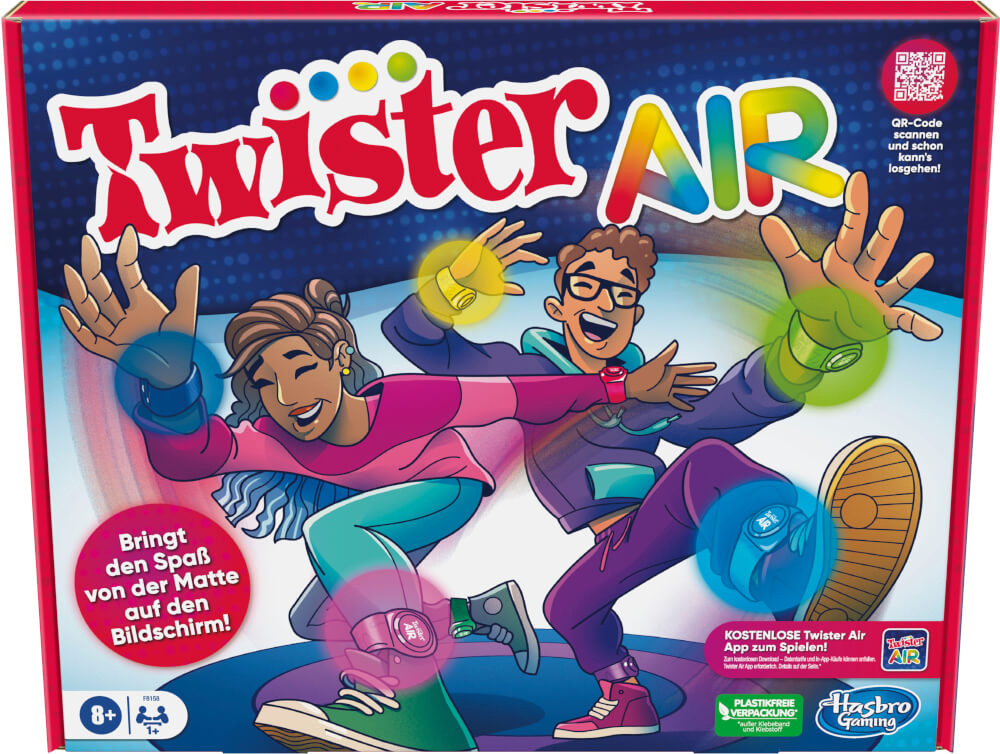 Twister Air Spielbox. Zwei Personen mit leuchtenden Armbändern und Ringen, blauer gepunkteter Hintergrund.