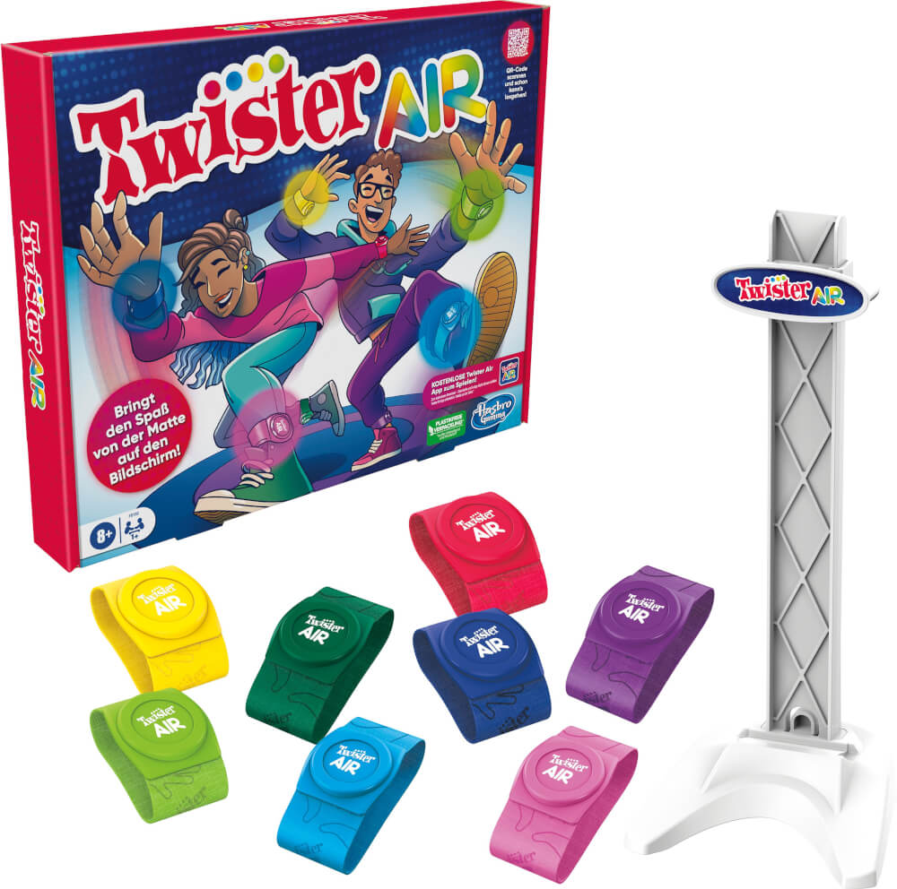 Twister Air Spielset mit Komponenten: Bänder, Basis und Box. Menschen spielen auf dem Cover.