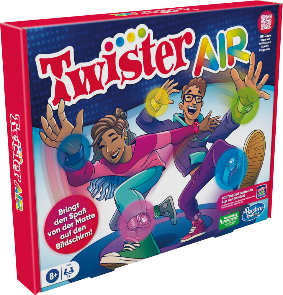 Twister Air Spielbox mit lächelnden Personen auf dem Cover. Helle Farben, Spieldetails und Hasbro-Logo.