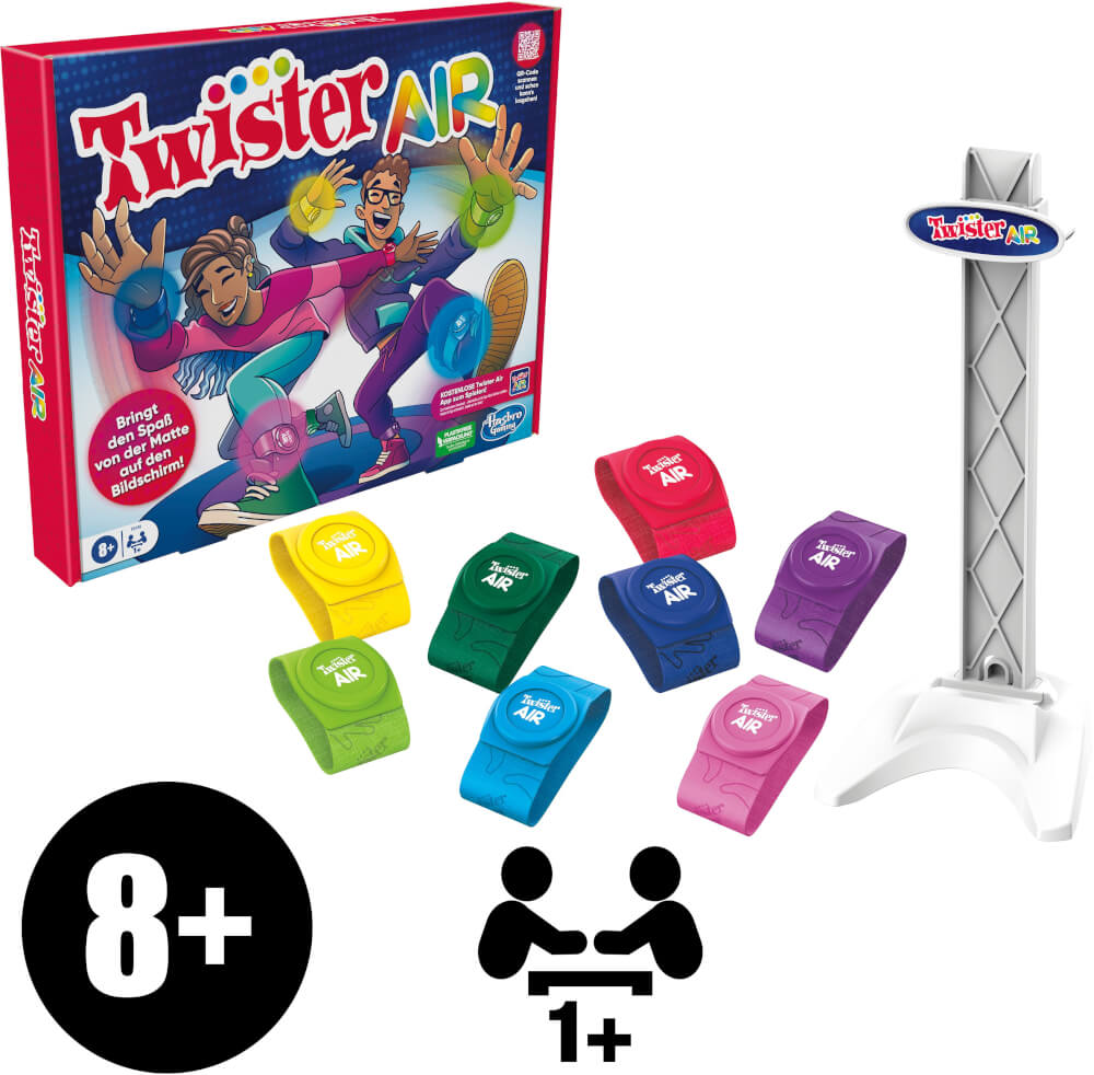 Twister Air-Spielset: Spielbox, Armbänder und ein Ständer. Personen-Icons und Alter 8+.