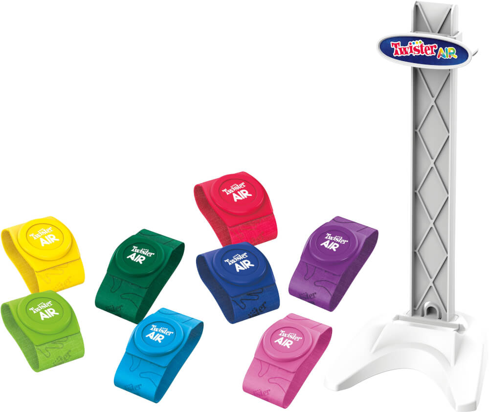 Twister Air-Spielset mit bunten Armbändern und einem Ständer. Weißes und blaues Farbschema.