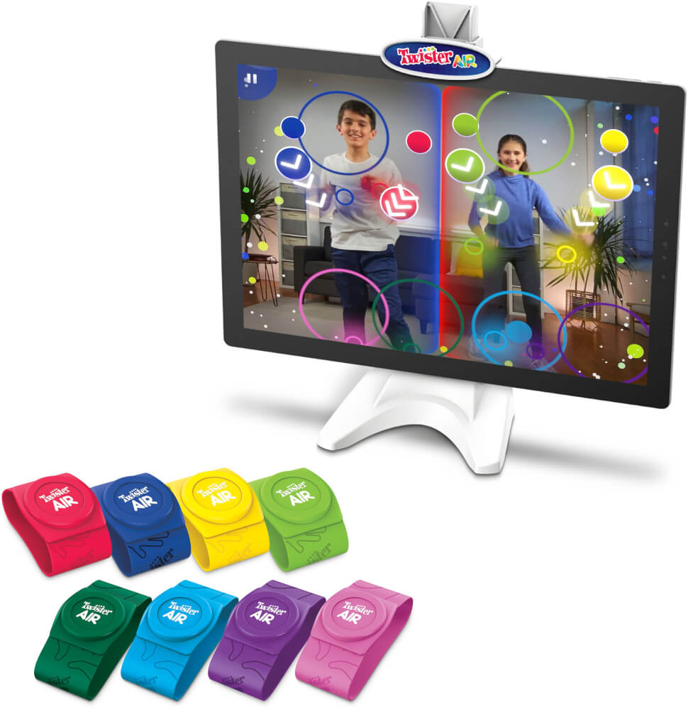 Twister Air Spielaufbau. Ein Tablet zeigt Spieler, Armbänder im Vordergrund.