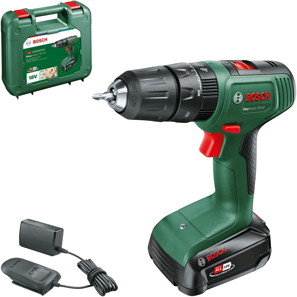 BOSCH EasyImpact 18V-40 Akkumulátoros ütvefúró-csavarozógép, 18V, akkuval és töltővel (1x 2,0Ah), kofferben (06039D8107)