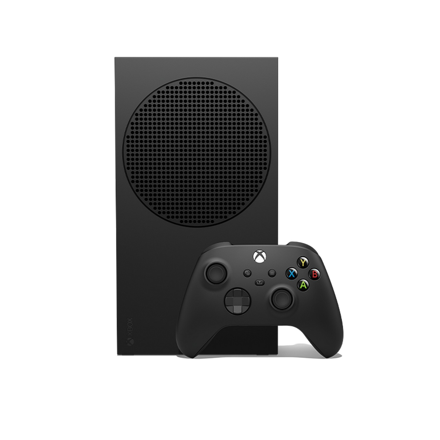 Zwarte Xbox Series S en controller op een witte achtergrond.