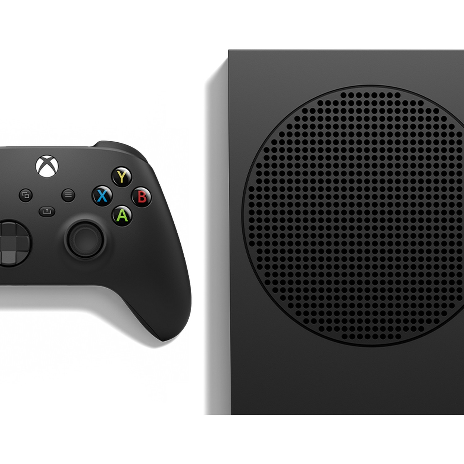 Zwarte Xbox Series X console en een zwarte controller. De controller staat links in de afbeelding.