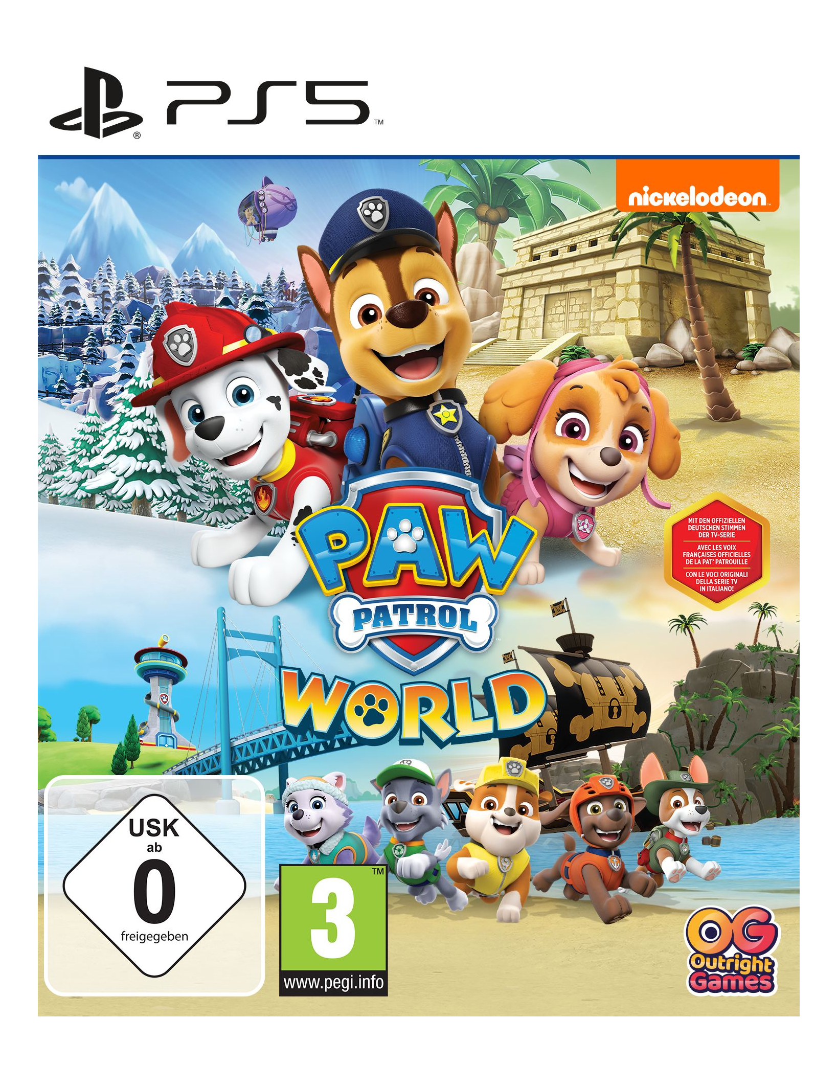 PS5-Spielcover: Paw Patrol World, Zeichentrickfiguren. Mehrere Hunde und ein Gebäude auf grünem Feld.