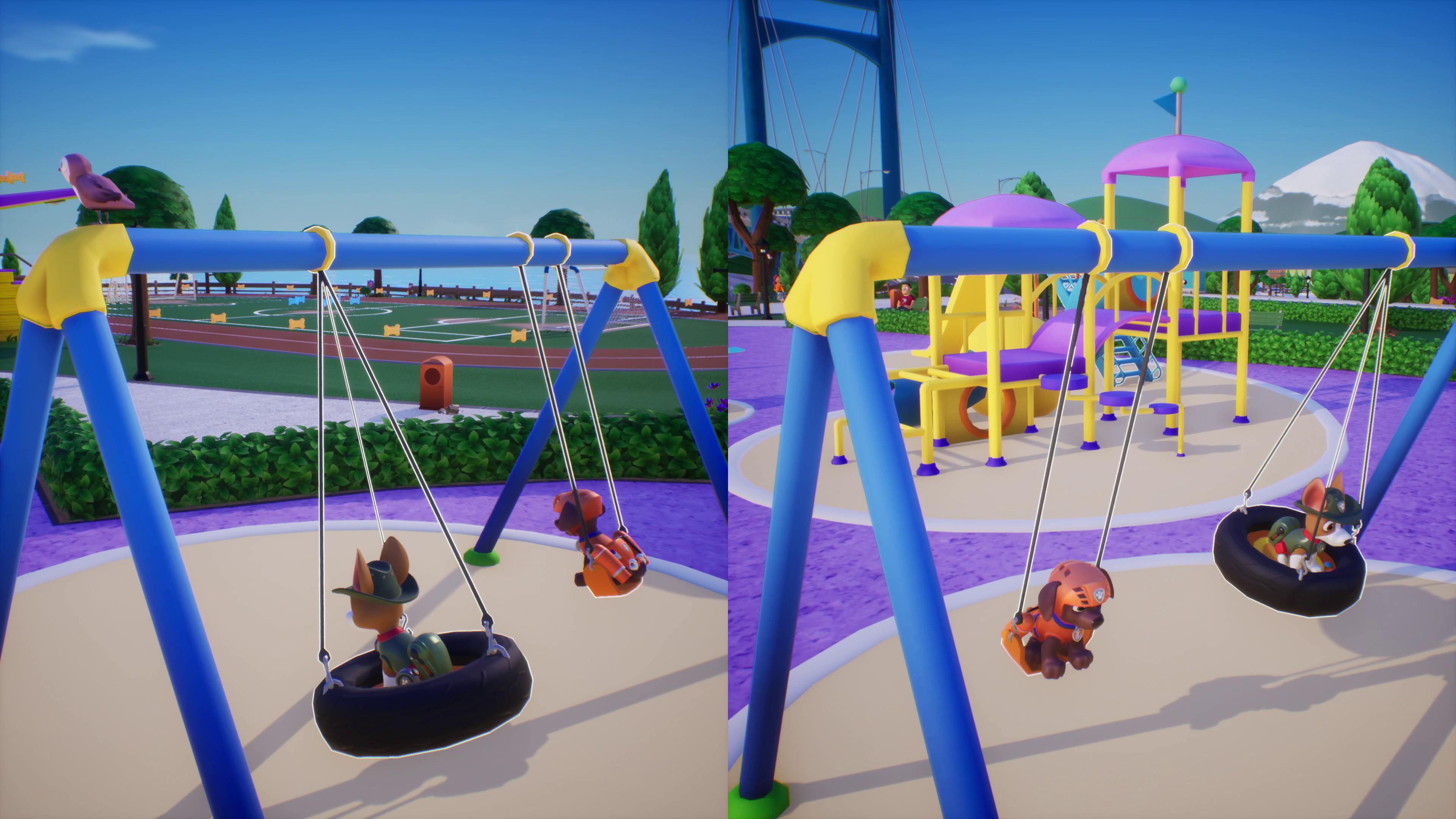 Paw Patrol-Charaktere schwingen auf Spielplatzschaukeln in einem sonnigen Park.